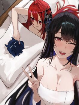 Rule 34 | 2girls, absurdres, ahoge, black hair, blue hair, blush, breasts, canvas sensei, demon horns, elizabeth rose bloodflame, guy tired after sex (meme), highres, hololive, hololive english, horns, huge ahoge, implied after sex, jailbird (nerissa ravencroft), large breasts, long hair, looking at viewer, meme, mole, mole under eye, multicolored hair, multiple girls, naked towel, nerissa ravencroft, nude, one eye closed, open mouth, pillow, poking, red eyes, red hair, red nails, selfie, smile, topless female, towel, two-tone hair, v, very long hair, virtual youtuber