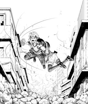 Rule 34 | 1boy, 1girl, boots, boruto: naruto next generations, city, commentary request, debris, dirty, dirty clothes, dirty face, energy ball, facial mark, forehead protector, glasses, greyscale, hatching (texture), headband, highres, hug, jacket, matsu (fu6ide2), monochrome, naruto (series), open-toe boots, open mouth, pants, rasengan, rubble, shorts, smoke, twitter username, uchiha sarada, uzumaki boruto, whisker markings