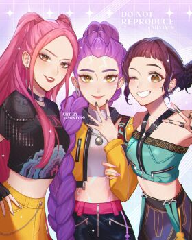 Rule 34 | 3girls, black gloves, black hair, black nails, body markings, braid, braided ponytail, choker, clenched teeth, commentary, cowboy shot, cropped jacket, double bun, earrings, eyeshadow, fingerless gloves, gloves, hair bun, halterneck, hand on own hip, highres, jewelry, kpop demon hunters, long hair, looking at viewer, makeup, mira (kpop demon hunters), miviy19, multiple girls, necklace, one eye closed, pink hair, purple hair, ring, rumi (kpop demon hunters), short bangs, sidelocks, skirt, smile, sparkle, teeth, turtleneck, twintails, twitter username, v, yellow skirt, zoey (kpop demon hunters)