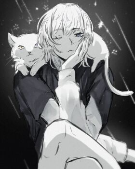 1girl animal animal_on_shoulder bang_dream! bang_dream!_it&#039;s_mygo!!!!! cat cat_on_shoulder closed_mouth commentary crossed_legs greyscale hand_on_own_chin hashtag-only_commentary heterochromia highres kaname_raana lampy_uikoko layered_sleeves long_sleeves looking_at_viewer medium_hair monochrome one_eye_closed shooting_star short_over_long_sleeves short_sleeves sitting smile solo yellow_eyes