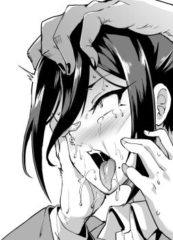 Rule 34 | 1boy, 1girl, ^^^, black nails, blazer, blush, crying, crying with eyes open, fan no hitori, hand on another's head, hand on own face, hands up, jacket, jk taimabu, kumashiro reika, male hand, mole, mole under mouth, open mouth, portrait, saliva, shirt, sidelocks, snot, snot bubble, sweat, tears, teeth, tongue, tongue out, upper teeth only, white background