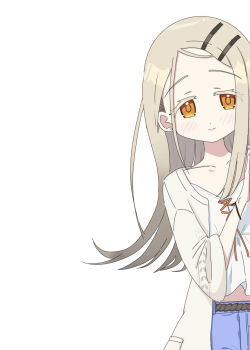 1girl akagi_mizuame blonde_hair blush camisole collarbone colored_eyelashes commentary_request denim denim_shorts earrings flipped_hair gakuen_idolmaster gradient_hair grey_hair highres idolmaster jewelry long_hair looking_at_viewer multicolored_hair orange_eyes peeking_out robe rope_belt shinosawa_hiro shorts simple_background smile solo stud_earrings very_long_hair white_background white_camisole white_robe