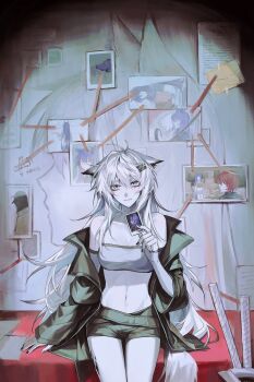 Rule 34 | 1girl, animal ears, ara 200117, arknights, black coat, black shorts, breasts, cleavage, coat, commentary, emperor (arknights), exusiai (arknights), grey tube top, highres, holding, holding photo, lappland (arknights), large breasts, long hair, material growth, midriff, navel, oripathy lesion (arknights), photo (object), scar, scar across eye, scar on face, short shorts, shorts, solo, strapless, tail, texas (arknights), tube top, untranslatable commentary, very long hair, white hair, wolf ears, wolf girl, wolf tail