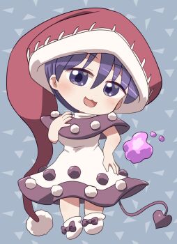 1girl :3 :d blue_background blush bow bow_legwear chibi chibi_only commentary_request doremy_sweet dream_soul dress full_body hand_up hat highres looking_at_viewer nightcap open_mouth pom_pom_(clothes) purple_bow purple_dress purple_eyes purple_hair red_hat rokugou_daisuke short_hair short_sleeves signature smile socks solo standing tail touhou two-tone_dress white_dress white_socks