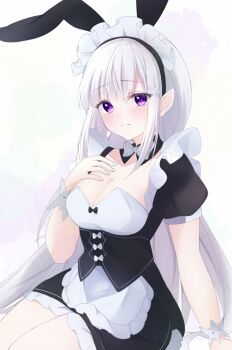 1girl absurdres alternate_costume animal_ears apron blush breasts cleavage closed_mouth detached_collar dress emilia_(re:zero) enmaided fake_animal_ears hair_ornament hand_on_own_chest highres long_hair looking_at_viewer maid maid_apron maid_headdress medium_breasts pointy_ears purple_eyes rabbit_ears rain_re_a re:zero_kara_hajimeru_isekai_seikatsu short_sleeves sitting smile solo very_long_hair waist_apron white_apron white_background white_hair wrist_cuffs