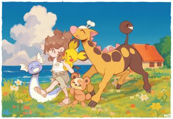1girl ^_^ artist_self-insert blue_sky brown_hair building child closed_eyes cloud dratini flower gen_1_pokemon gen_2_pokemon girafarig grass green_shorts highres milkchaotea nintendo ocean on_shoulder one_eye_closed open_mouth original outdoors pichu pokemon pokemon_(creature) pokemon_on_shoulder shorts sky smile solo tank_top teddiursa two_side_up walking white_tank_top