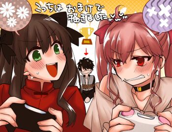 1boy 2323astronomy 2girls angry arima_miyako black_bow bound bow brown_hair chinese_clothes choker cloth_gag coat commentary_request competition controller dead_apostle_noel_(tsukihime) dress gag gagged game_controller glasses green_eyes hair_between_eyes hair_bow highres holding holding_controller holding_game_controller improvised_gag jacket looking_at_another melty_blood melty_blood:_type_lumina multiple_girls nervous_sweating noel_(tsukihime) official_alternate_costume official_alternate_hairstyle pants pink_bow pink_hair playing_games red_coat red_eyes sitting smile sweat tied_up_(nonsexual) tohno_shiki trophy tsukihime two_side_up wavy_hair