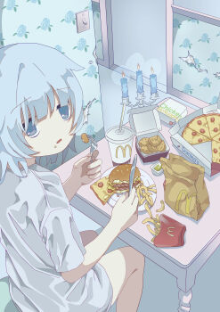 1girl absurdres blue_hair burger butter_knife candlestand chicken_nuggets commentary_request cup disposable_cup eating food fork french_fries gudon_udon highres indoors knife light_switch looking_at_viewer mcdonald&#039;s original pizza shirt short_hair short_sleeves sitting soda solo t-shirt white_shirt