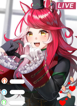 1girl animal_ears asymmetrical_gloves black_gloves black_jacket blush breasts carrot commentary_request facial_mark four-finger_heart_hands gloves hair_between_eyes hair_ornament hat heart heart_facial_mark heart_hands heart_on_cheek highres horse_ears horse_girl jacket large_breasts livestream long_hair looking_at_viewer loves_only_you_(9927_wishes)_(umamusume) loves_only_you_(umamusume) mismatched_gloves mole mole_on_neck open_mouth red_hair shirt smile solo teeth umamusume white_gloves white_shirt yellow_eyes yume_30_31