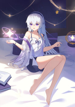 Rule 34 | 1girl, absurdres, bare shoulders, barefoot, bed sheet, ben sy, black shorts, book, braid, celestia (midsummer night) (strinova), celestia (strinova), collarbone, constellation, hair between eyes, hairband, half up braid, highres, light particles, long hair, night, night sky, off shoulder, on bed, open mouth, purple eyes, shorts, sky, smile, solo, sparkle, star (sky), star (symbol), starry background, starry sky, strinova
