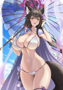 1girl animal_ear_fluff animal_ears bead_bracelet beads bikini blue_archive bracelet breasts cleavage colored_inner_hair eyeshadow flower fox_ears fox_girl fox_tail hair_flower hair_ornament halo highres jewelry large_breasts makeup multicolored_hair official_alternate_costume oil-paper_umbrella open_mouth red_eyeshadow red_halo smile solo string_bikini suigetu26 swimsuit tail teeth umbrella upper_teeth_only wakamo_(blue_archive) wakamo_(swimsuit)_(blue_archive) white_bikini yellow_eyes