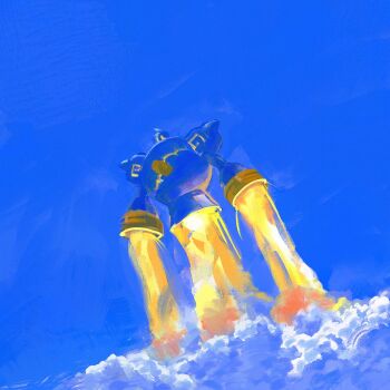 alternate_form blue_sky exhaust fire flying gen_5_pokemon glowing glowing_cracks glowing_eyes go-lurk golem golurk highres looking_at_viewer nintendo no_feet no_hands no_humans outdoors pokemon pokemon_(creature) pokemon_focus shoulder_spikes sky solo spikes square_eyes thrusters yellow_eyes