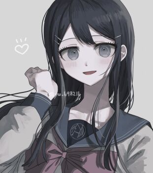 1girl :d artist_name black_hair blue_sailor_collar blush bow bowtie collarbone danganronpa:_trigger_happy_havoc danganronpa_(series) grey_background grey_eyes grey_shirt hair_ornament hairclip hand_up highres long_hair maizono_sayaka open_mouth pink_bow pink_bowtie sailor_collar shirt simple_background smile solo watermark yu_gi_(yu_69821b)