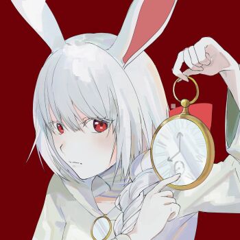 1girl animal_ears aphrodite_(lucistnic) black_souls black_souls_2 bow braid clock_necklace closed_mouth commentary dress english_commentary expressionless eyelashes hair_between_eyes hair_bow hair_over_shoulder highres holding holding_pocket_watch long_hair long_sleeves looking_at_viewer meme node_(black_souls) pocket_watch pointing rabbit_ears rabbit_girl red-framed_eyewear red_background red_bow red_eyes simple_background single_braid stopwatch stopwatch_around_neck watch white_dress white_hair white_rabbit_pointing_at_a_clock_(meme) yellow-framed_eyewear