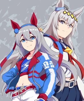 2girls absurdres ahoge animal_ears belt blue_eyes blue_hairband blue_jacket blue_sailor_collar blue_skirt blue_sports_bra breasts closed_mouth crop_top ear_covers ear_ornament gloves grey_hair grey_tail hair_between_eyes hair_ornament hairband headband highres horse_ears horse_girl horse_tail jacket lightning_bolt_print lightning_bolt_symbol long_hair long_sleeves looking_at_viewer midriff multicolored_hair multiple_girls navel neckerchief oguri_cap_(starlight_beat)_(umamusume) oguri_cap_(umamusume) pants pleated_skirt red_belt red_headband sailor_collar shirt skirt smile sports_bra striped_clothes striped_hairband tail tamamo_cross_(umamusume) tamamo_cross_(with_lightning_speed)_(umamusume) umamusume umamusume:_cinderella_gray very_long_hair white_jacket white_pants white_shirt windg0