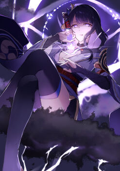 Rule 34 | 1girl, absurdres, blunt bangs, breasts, bridal gauntlets, cleavage, commentary, crossed legs, drawing sword, electricity, from below, genshin impact, glowing, glowing eyes, glowing sword, glowing weapon, gradient hair, hair ornament, highres, holding, holding sword, holding weapon, human scabbard, japanese clothes, kimono, lingerie, long braid, looking at viewer, mitsudomoe (shape), multicolored hair, musou isshin (genshin impact), nano popo02, off shoulder, parted lips, purple background, purple eyes, purple hair, purple kimono, purple thighhighs, raiden shogun, red sash, sash, shade, shaded face, sitting, small breasts, solo, sword, thighhighs, tomoe (symbol), underwear, upper body, weapon, wide sleeves