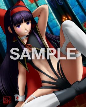 1girl arm_behind_head arm_support armpits artist_name bikini blush boots breasts cape embarrassed hair_ribbon legs long_hair medium_breasts nakoruru navel one-piece_swimsuit parted_lips pink_lips purple_eyes purple_hair ribbon sample_watermark samurai_spirits sitting snk snk_heroines:_tag_team_frenzy source_request spread_legs swimsuit teeth the_king_of_fighters thighs underboob vampire_costume watermark west-maison