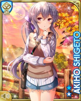 1girl :o autumn autumn_leaves blue_shorts breasts brown_vest card_(medium) character_name evening female_focus fence forest girlfriend_(kari) grey_hair leaf long_hair nature official_art open_mouth outdoors qp:flapper shigeto_akiho shirt shorts standing sunset tagme vest white_shirt wooden_fence