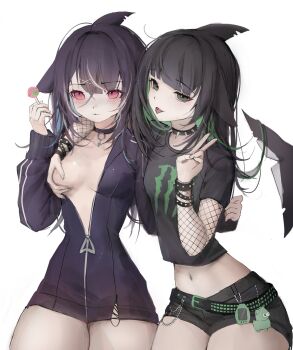 1iwaly 1waly 2girls breasts candy collar food grabbing_another's_breast groping highres lollipop multiple_girls orca_girl peace_symbol piercing tongue tongue_out tongue_piercing