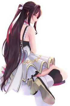 1girl alternate_costume arm_support azki_(hololive) back_bow bare_arms bare_shoulders black_socks black_thighhighs boots bow bow_skirt braid brown_hair choker colored_inner_hair commentary_request corset frilled_straps frills from_behind gradient_thighhighs hair_intakes half_up_half_down_braid half_updo highres hololive hololive_idol_uniform_(origin) idol idol_clothes kneehighs large_bow layered_skirt lips long_hair looking_at_viewer makino_hazuki_(s001_hazuki) miniskirt multicolored_hair official_alternate_costume pink_hair pink_lips pink_thighhighs ponytail purple_eyes shoe_soles sidelocks sitting skirt sleeveless socks solo streaked_hair thighhighs very_long_hair virtual_youtuber white_boots white_bow white_choker white_hair white_skirt yokozuwari