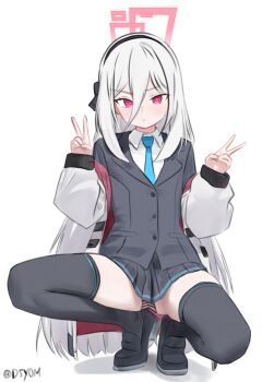 1girl aqua_necktie artist_name black_skirt black_thighhighs blue_archive collared_shirt commentary d5y0m double_v hair_between_eyes hairband halo highres jacket kei_(blue_archive) kei_(new_body)_(blue_archive) long_hair long_hair_between_eyes long_sleeves looking_at_viewer multicolored_panties necktie open_clothes open_jacket panties pink_eyes pink_halo pleated_skirt puffy_sleeves rectangular_halo ringed_eyes shirt simple_background skirt striped_clothes striped_panties thighhighs two-sided_fabric two-sided_jacket underwear v white_hair white_jacket white_shirt