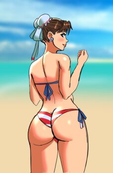 1girl american_flag american_flag_bikini american_flag_print ass beach bikini blush breasts brown_eyes brown_hair butt_crack capcom chun-li earrings flag_print flag_print_bikini gluteal_fold highres jewelry large_breasts looking_at_viewer looking_back ocean odango_hair print_bikini sand side-tie_bikini_bottom solo street_fighter sunbeam_(artist) swimsuit