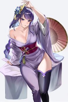 1girl arm_up black_thighhighs braid breasts chinami_(chinamin_02) cleavage collarbone commentary flower genshin_impact hair_flower hair_ornament highres japanese_clothes kimono large_breasts long_hair looking_at_viewer obi parted_lips purple_eyes purple_flower purple_hair purple_kimono raiden_shogun red_sash red_umbrella revision sash simple_background single_bare_shoulder single_off_shoulder solo thighhighs umbrella very_long_hair white_background
