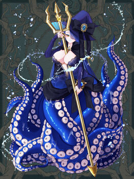 1girl between_breasts black_bow blue_hair blue_lips bow breasts chain_paradox eyeshadow full_body glint hat hat_bow highres holding holding_weapon large_breasts long_hair looking_at_viewer m_e_w_xx makeup monster_girl polearm scylla solo spear tentacles trident water weapon witch_hat yellow_eyes