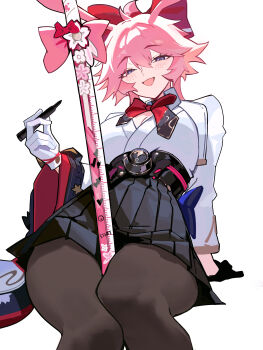 1girl animal_ears between_thighs black_pantyhose black_skirt blue_eyes breasts cleavage commentary distr english_commentary evanescia_(honkai:_star_rail) fox_ears fox_girl highres holding holding_marker honkai:_star_rail honkai_(series) large_breasts looking_at_viewer marker measuring_stick open_mouth pantyhose pink_hair pleated_skirt shirt short_hair_with_long_locks simple_background skirt smile solo thighs white_background white_shirt