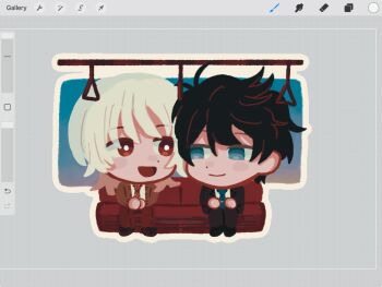 2boys :d akinashi_haru art_program_in_frame art_program_request black_hair black_jacket black_pants black_shoes blonde_hair blue_eyes blue_necktie bright_pupils brown_cardigan brown_shoes cardigan chibi chibi_only diagonal-striped_clothes diagonal-striped_necktie dress_pants formal_clothes highres jacket lemonhib looking_at_another male_focus medium_hair multiple_boys necktie open_cardigan open_clothes open_jacket open_mouth pants red_eyes red_necktie red_pants saihate_eki shirt shoes short_hair sitting smile sticker striped_clothes suit suit_jacket tatsunami_shion tie_clip train_interior white_pupils white_shirt