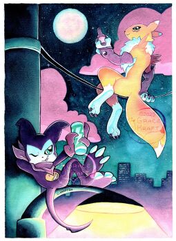 Rule 34 | arm behind back, black sclera, blue eyes, bottle, chibikemo, colored sclera, cup, digimon, digimon (creature), full body, full moon, grace kraft, green eyes, highres, holding, holding bottle, holding cup, impmon, kitsune, moon, night, pink clouds, pole, renamon, sitting