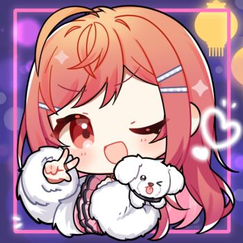 1girl :d ahoge blush chibi chibi_only commentary_request dog hair_ornament hairclip hand_up heart hololive hololive_dev_is ichijou_ririka ichijou_ririka_(1st_costume) kashiwase_karune long_hair long_sleeves looking_at_viewer open_mouth parallel_hairclips pink_shirt purple_background red_eyes red_hair shirt smile solo uni_(ichijou_ririka) upper_body virtual_youtuber w