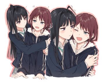 Rule 34 | !, !?, 2girls, ?, ahoge, awa subaru, black hair, blue eyes, blue jacket, blue necktie, brown hair, cheek-to-cheek, collared shirt, commentary, cropped torso, fur-trimmed jacket, fur trim, girls band cry, grey skirt, hair intakes, heads together, highres, hug, iseri nina, jacket, long hair, long sleeves, low twintails, multiple girls, multiple views, necktie, one eye closed, open mouth, outline, pink outline, plaid clothes, plaid skirt, purple eyes, revision, school uniform, shirt, short hair, short twintails, sidelocks, skirt, twintails, upper body, wavy mouth, white background, white shirt, yukitake (bullfalk), yuri