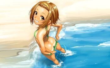 1girl artist_request ass back beach bikini bikini_pull brown_eyes brown_hair butt_crack clothes_pull grin happy highres in_water k-on! looking_at_viewer mooning mumu ocean sand smile swimsuit tainaka_ritsu tan tanline teeth third-party_edit water