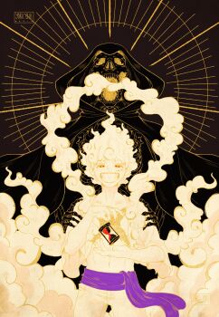 1boy 1other absurdres alt_text cape commentary devil_fruit_power english_commentary facial_scar gear_fifth grin hagoromo hands_on_another&#039;s_shoulders highres hood hood_up hooded_cape looking_at_viewer male_focus maria_(yoru_chii) monkey_d._luffy one_piece open_mouth purple_sash red_eyes sash scar scar_on_cheek scar_on_face shawl skeleton smile standing teeth transformation white_hair