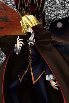 1boy 1girl ascot blonde_hair blood bloody_tears buttons cape chiizu_ore coat collared_shirt crazy_smile dust_of_osiris fingernails formal_clothes grimace grin highres long_sleeves looking_to_the_side melty_blood night_of_wallachia red_eyes sharp_fingernails sharp_teeth shirt sion_eltnam_(type-moon) sion_eltnam_atlasia smile smirk static teeth tsukihime vampire white_shirt