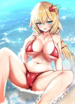 1girl absurdres akai_haato bikini blonde_hair blue_eyes blush breasts cameltoe hair_ornament hair_ribbon heart heart_hair_ornament highres hololive inokeiwd large_breasts looking_at_viewer navel one_side_up open_mouth red_bikini red_ribbon ribbon smile solo spread_legs swimsuit twintails undersized_breast_cup virtual_youtuber wading water