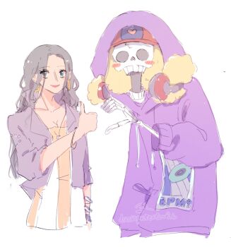 Rule 34 | 1boy, 1girl, black hair, blonde hair, blue eyes, blush stickers, brook (one piece), commentary, dress, earrings, headphones, headphones around neck, heart hands failure, highres, hood, hoodie, jacket, jewelry, long hair, necklace, nico robin, one piece, one piece film: red, purple hoodie, purple jacket, ria (917 ria), simple background, skeleton, smile, twitter username, white background