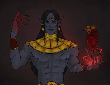 1boy black_background black_hair black_sclera blood claws colored_sclera colored_skin commentary dagoth_ur dunmer earrings elf energy english_commentary gold_earrings gold_necklace grey_skin heart_(organ) jewelry long_hair looking_at_viewer magic male_focus necklace pectorals pointy_ears radsnroses red_eyes scar scar_on_arm scar_on_chest scar_on_face the_elder_scrolls the_elder_scrolls_iii:_morrowind third_eye topless_male upper_body