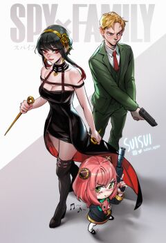 1boy 2girls absurdres anya_(spy_x_family) artist_logo artist_name black_hair blonde_hair child commentary dagger dress earrings english_commentary english_text family father_and_daughter formal_clothes from_above full_body gold_earrings gold_hairband green_eyes green_suit gun hairband hairpods highres holding holding_dagger holding_knife holding_weapon husband_and_wife instagram_logo jewelry knife logo looking_at_viewer looking_to_the_side mother_and_daughter multiple_girls musical_note necktie pink_hair red_eyes shadow short_hair simple_background sketch spy_x_family stiletto_(weapon) stuffed_toy suisui_again suit suppressor symbol-only_commentary title twilight_(spy_x_family) twitter_username two-sided_dress two-sided_fabric weapon yor_briar