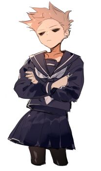 Rule 34 | 1boy, alternate costume, animification, bad id, bad twitter id, black pantyhose, blue serafuku, brown hair, cropped legs, crossdressing, crossdressing (mtf), crossed arms, eddsworld, frown, hollow eyes, inactive account, jitome, long sleeves, male focus, nana (ebitokanimiso), painttool sai (medium), pantyhose, pleated skirt, sailor collar, school uniform, serafuku, short hair, simple background, sketch, skirt, solo, spiked hair, standing, tom (eddsworld), white background