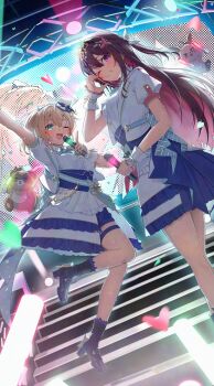 2girls ;d absurdres aqua_bow aqua_bowtie aqua_eyes arm_up azki_(hololive) back_bow blonde_hair blue_corset blue_footwear blue_shorts blue_socks blush boots bow bowtie braid collared_shirt commentary_request concert corset double-parted_bangs dress_shirt dutch_angle footwear_bow frilled_skirt frills glowstick gold_trim grin hair_between_eyes hair_bow hair_intakes hair_ribbon half_up_half_down_braid hand_up hat high_heel_boots high_heels highres holding holding_glowstick holding_microphone hololive hololive_idol_uniform_(bright) jacket kakeru_(kakekaker001) kazama_iroha lapels large_bow layered_skirt long_hair looking_at_viewer medium_hair microphone mini_hat mini_top_hat multiple_girls notched_lapels official_alternate_costume one_eye_closed open_clothes open_jacket open_mouth outstretched_arm overskirt penlight_(glowstick) pioneer_(azki) pokobee ponytail puffy_short_sleeves puffy_sleeves purple_eyes ribbon sash screen screen_zoom shirt short_shorts short_sleeves shorts single_sidelock skirt smile socks stage sweat thigh_strap tiara tilted_headwear top_hat underbust very_long_hair virtual_youtuber waist_bow white_jacket white_shirt white_skirt