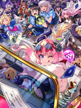 6+girls aged_up ahoge aki_rosenthal aki_rosenthal_(1st_costume) animal_ears bird black_gloves black_hair black_pantyhose blonde_hair blood blue_eyes blue_hat bound braid breasts building buru-dai car cleavage commentary_request crying demon_girl demon_horns detached_hair dress driving duck elbow_gloves eyepatch eyewear_on_head false_smile fur_jacket gloves glowing glowing_eyes gradient_hair green_eyes grey_hair half_gloves halo hand_on_own_head hat highres holding holding_megaphone hololive hololive_english horns houshou_marine houshou_marine_(1st_costume) jacket la+_darknesss la+_darknesss_(1st_costume) large_breasts long_hair mace medium_breasts megaphone midriff miniskirt mori_calliope mori_calliope_(1st_costume) motor_vehicle motorcycle multicolored_hair multiple_girls navel night ninomae_ina&#039;nis ninomae_ina&#039;nis_(1st_costume) nosebleed old old_woman oozora_subaru oozora_subaru_(police) orange_hair pantyhose pink_eyes pirate_hat pleated_skirt pointing police police_hat police_uniform policewoman purple_hair rear-view_mirror red_hair scythe sheep sheep_ears sheep_girl sheep_horns shirogane_noel short_dress short_hair shoulder_spikes skirt smile spikes star-shaped_eyewear star_(symbol) steering_wheel streaked_hair streaming_tears subaru_duck sunglasses tears tentacle_hair tentacles theft tiara tied_up_(nonsexual) tongue tongue_out translation_request tsunomaki_watame two-tone_hair veil virtual_youtuber watamate weapon white_gloves