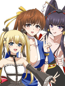 3girls :q black_hair blue_eyes breasts brown_eyes brown_hair cleavage dead_or_alive dress eno_(pixiv_id_117801819) flat_chest highres kasumi_(doa) large_breasts long_hair looking_at_viewer looking_back marie_rose multiple_girls nyotengu short_hair tongue tongue_out twintails v wide_hips
