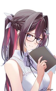1girl azki_(hololive) black_hair book braid collared_shirt colored_inner_hair commentary covering_own_mouth double-parted_bangs glasses hair_intakes hair_ornament hairclip half_up_half_down_braid hashtag-only_commentary highres holding holding_book hololive long_hair looking_at_viewer mole mole_under_eye multicolored_hair nail_polish neck_ribbon pink_hair pink_nails purple_eyes ribbon shirt simple_background sleeveless sleeveless_shirt smile solo streaked_hair twitter_username upper_body virtual_youtuber white_background white_hair white_shirt zakimpo