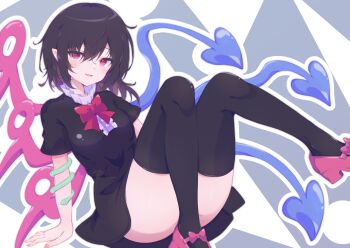 1girl :d arm_support arms_behind_back asymmetrical_wings black_dress black_hair blue_wings blush bow bowtie breasts center_frills commentary_request dress frills full_body hair_between_eyes highres houjuu_nue knees_up leaning_back leg_up legs looking_at_viewer medium_hair open_mouth red_bow red_bowtie red_eyes red_wings short_dress short_sleeves sitting small_breasts smile snake snake_wrapped_around_arm solo thighhighs thighs tomoe_(fdhs5855) touhou wings