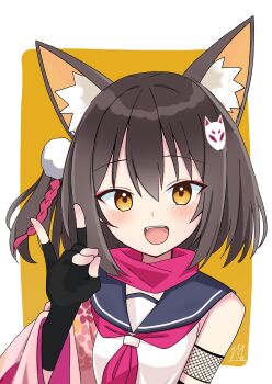 Rule 34 | 1girl, absurdres, animal ear fluff, animal ears, black gloves, blue archive, blue sailor collar, brown hair, commentary request, fingerless gloves, fox ears, fox hair ornament, fox shadow puppet, gloves, hair ornament, highres, izuna (blue archive), looking at viewer, neckerchief, nyanzai-sensei, open mouth, pink neckerchief, pink scarf, pom pom (clothes), pom pom hair ornament, sailor collar, scarf, shirt, smile, solo, upper body, white shirt, yellow eyes