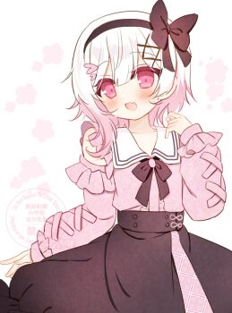 Rule 34 | 1girl, :d, black hairband, black ribbon, black skirt, book off, collared shirt, commentary request, fang, frilled sleeves, frills, hair ornament, hairband, hand up, long sleeves, looking at viewer, mahou shoujo no majo saiban, multicolored hair, neck ribbon, official alternate costume, open mouth, pink eyes, pink hair, pink shirt, ribbon, sakuraba ema, shikito (yawa0w0), shirt, short hair, skin fang, skirt, smile, solo, white background, white hair, x hair ornament