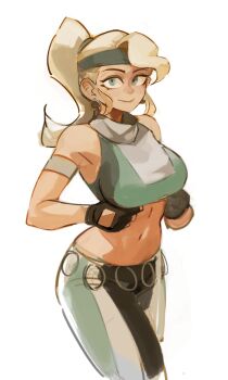 1girl 33dot absurdres adjusting_shirt bandana bare_shoulders black_gloves blonde_hair breasts commentary cowboy_shot crop_top earrings english_commentary fingerless_gloves gloves green_bandana green_eyes green_pants green_tank_top highres jewelry large_breasts looking_at_viewer midriff mortal_kombat_(series) navel pants ponytail shirt simple_background sleeveless sleeveless_shirt smile solo sonya_blade tank_top white_background