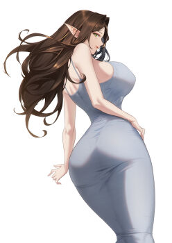 1girl ass back blueorca breasts brown_hair commentary dongtan_dress dress elf english_commentary floating_hair from_behind green_hair grey_dress hand_on_own_hip highres large_breasts long_hair looking_at_viewer looking_back median_furrow mole mole_under_mouth original parted_lips pencil_dress pointy_ears simple_background solo taut_clothes taut_dress white_background